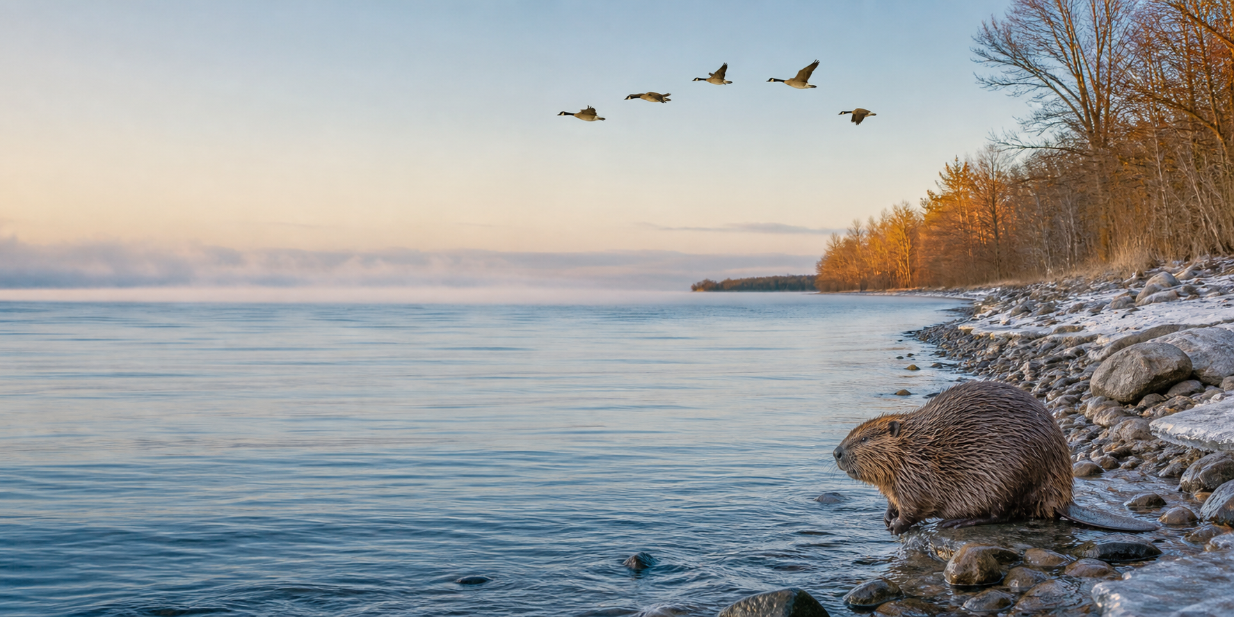 Lake Ontario shoreline with a beaver and Canada geese
